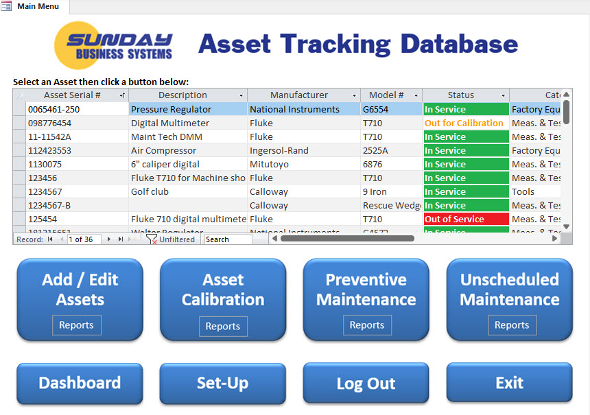 screenshot of SBS Asset Tracking Database